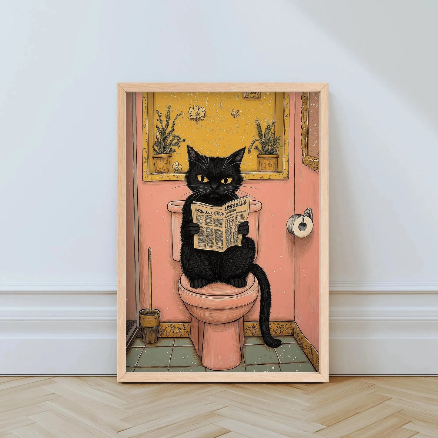 Funny Black Cat Bathroom Canvas Poster – Pink Wall Art Print for Toilet, Laundry Room & Home Décor (Unframed)