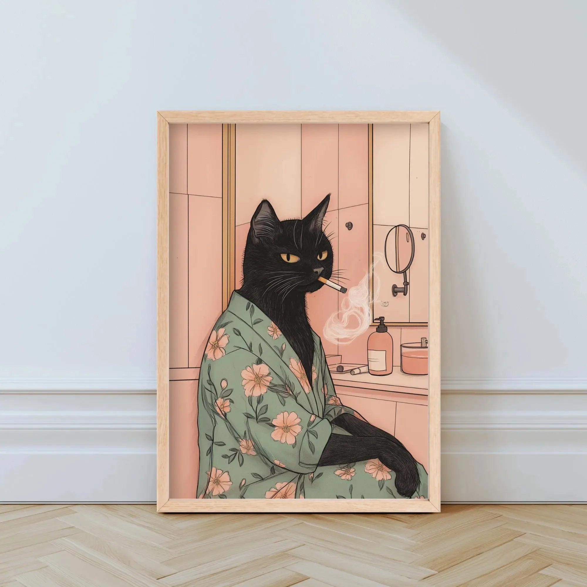 Funny Black Cat Bathroom Canvas Poster – Pink Wall Art Print for Toilet, Laundry Room & Home Décor (Unframed)