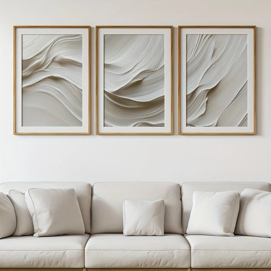 3-Piece Neutral Beige Abstract Wave Canvas Prints – Minimalist Soft-Tone Wall Art (Unframed)