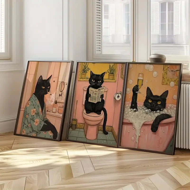 Funny Black Cat Bathroom Canvas Poster – Pink Wall Art Print for Toilet, Laundry Room & Home Décor (Unframed)