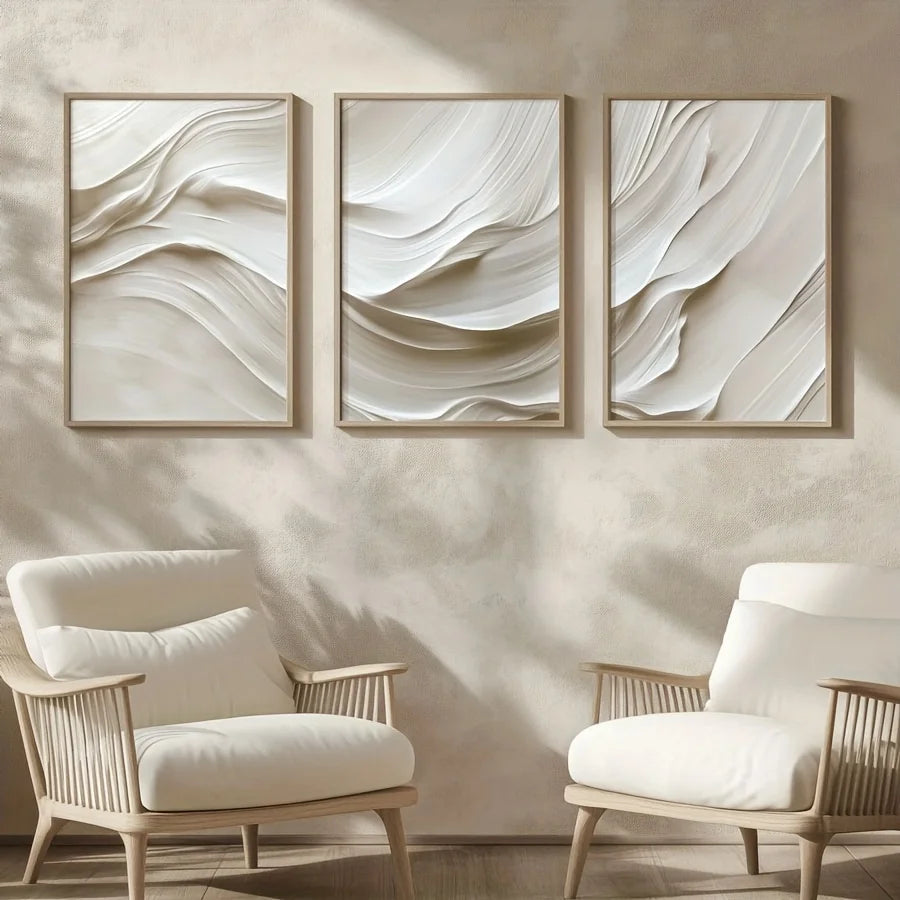 3-Piece Neutral Beige Abstract Wave Canvas Prints – Minimalist Soft-Tone Wall Art (Unframed)