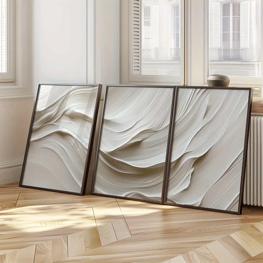 3-Piece Neutral Beige Abstract Wave Canvas Prints – Minimalist Soft-Tone Wall Art (Unframed)