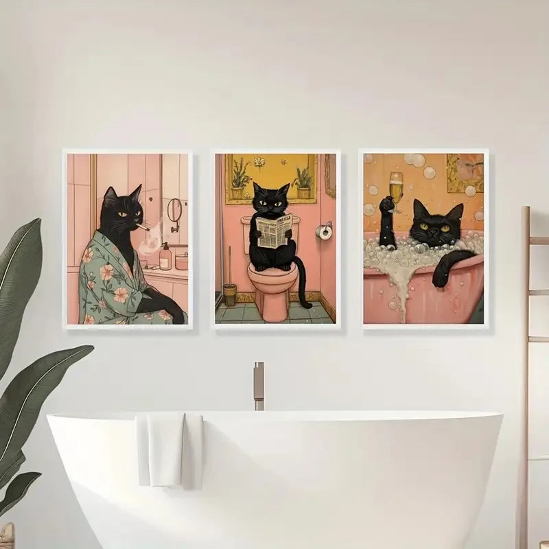 Funny Black Cat Bathroom Canvas Poster – Pink Wall Art Print for Toilet, Laundry Room & Home Décor (Unframed)