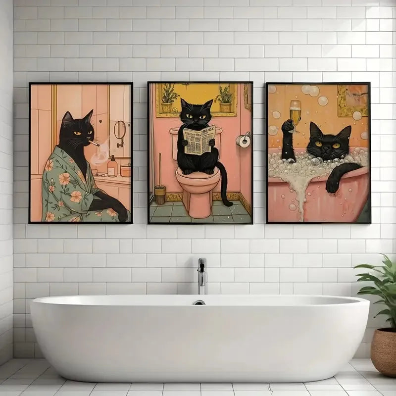 Funny Black Cat Bathroom Canvas Poster – Pink Wall Art Print for Toilet, Laundry Room & Home Décor (Unframed)