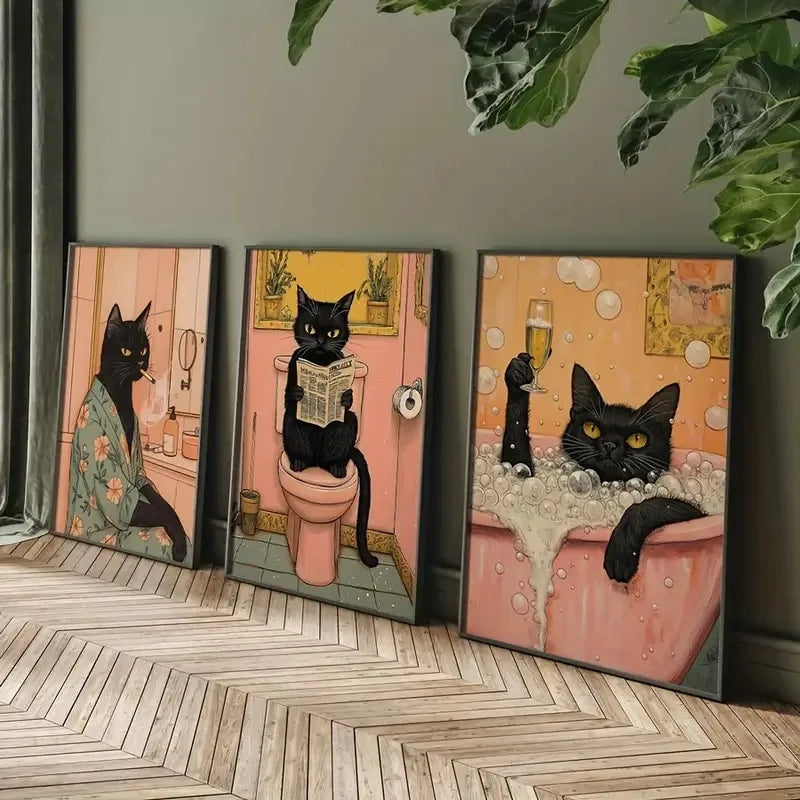 Funny Black Cat Bathroom Canvas Poster – Pink Wall Art Print for Toilet, Laundry Room & Home Décor (Unframed)