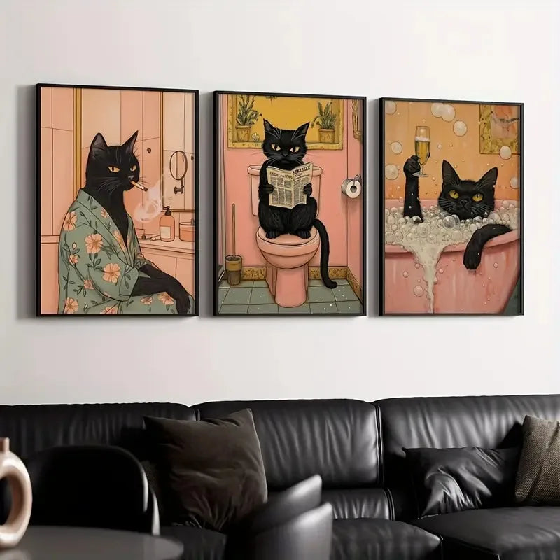 Funny Black Cat Bathroom Canvas Poster – Pink Wall Art Print for Toilet, Laundry Room & Home Décor (Unframed)